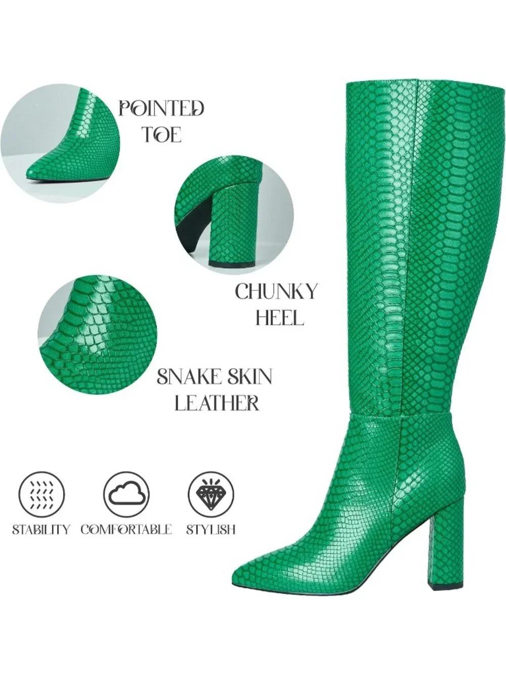 Women's Green Chunky Heel Pointed Toe Wide Calf Side Zipper Knee High Boots